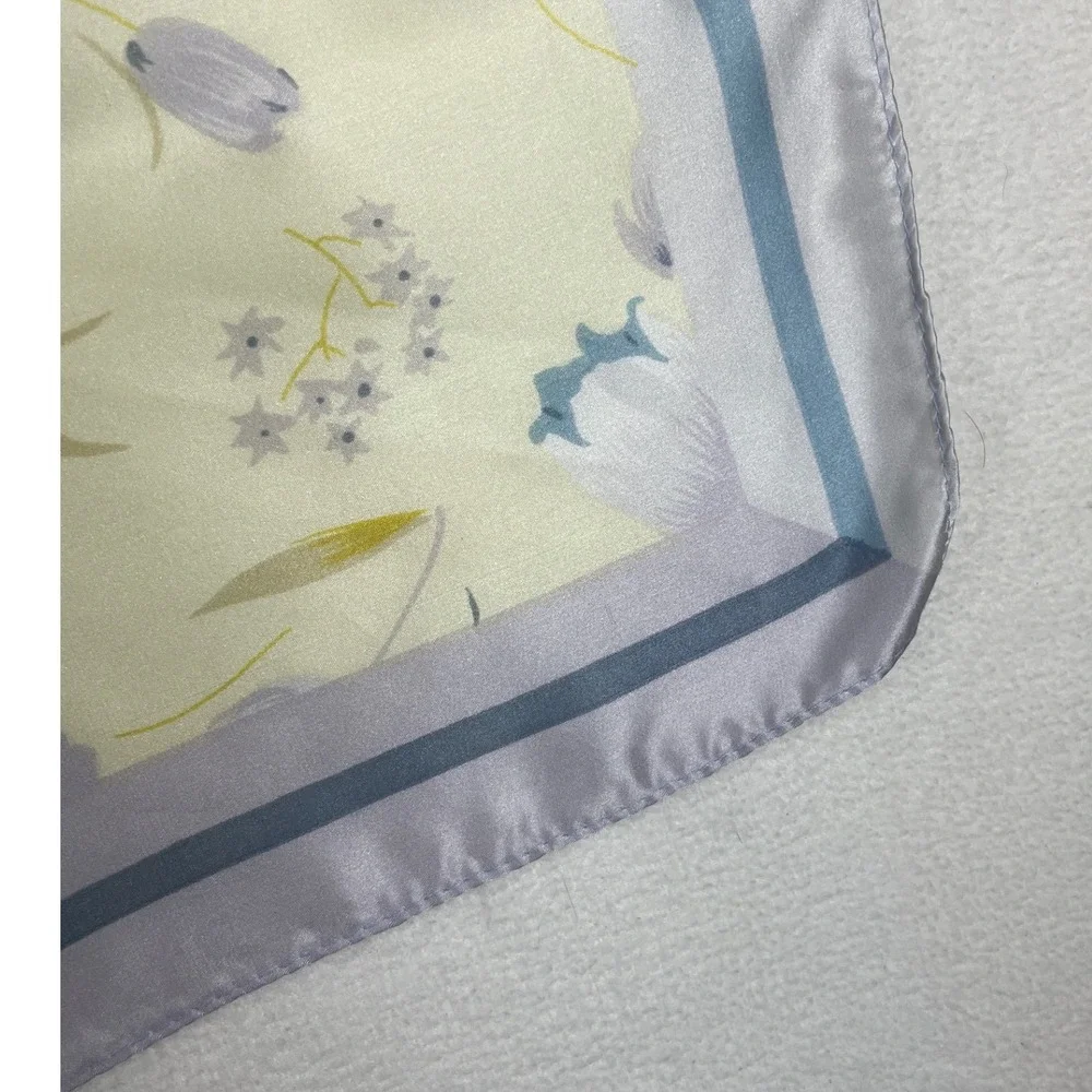 100% Silk Square Scarf Floral Tulip Print Blue Cream Large 42 Inch